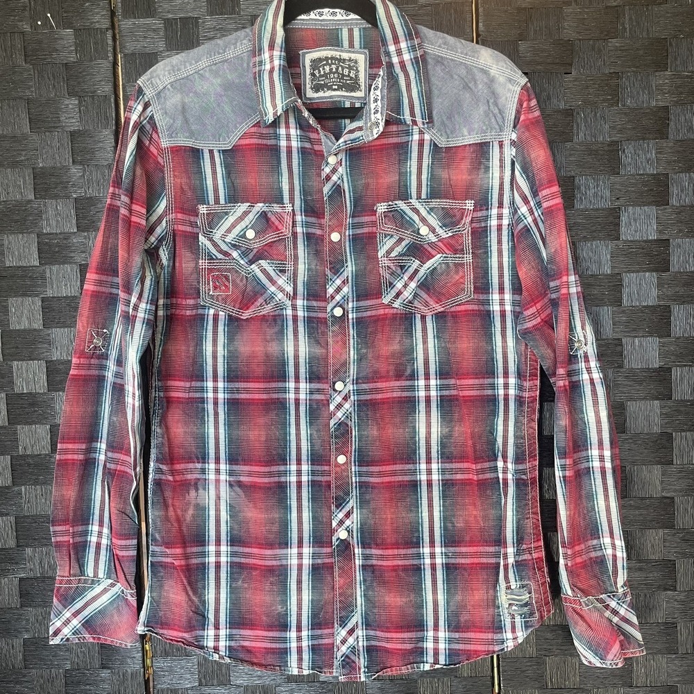 Womens Top Size M BKE Vintage tailored fit plaid snap roll tab red white blue
